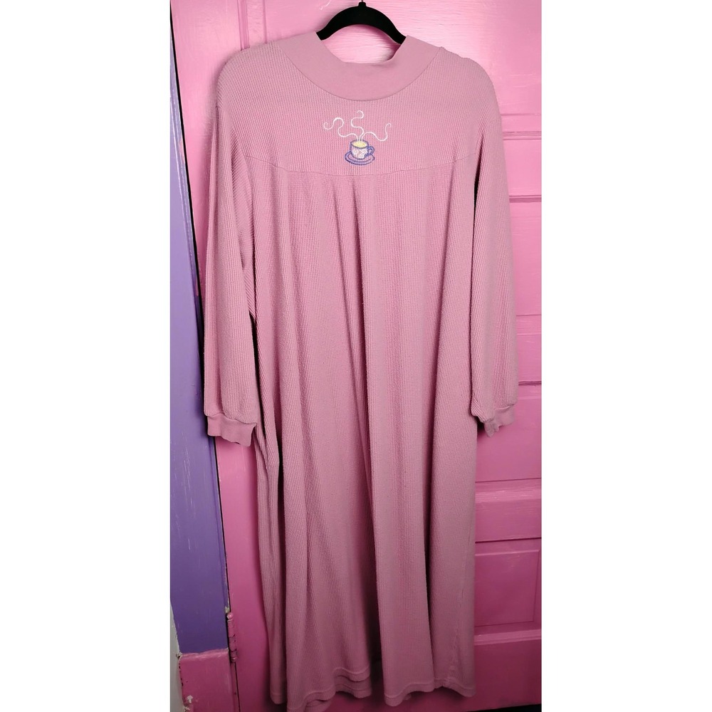 Y2K Pink Embroidered Coffee Knit Long Nightgown House Dress Mu Mu Grannycore 2X